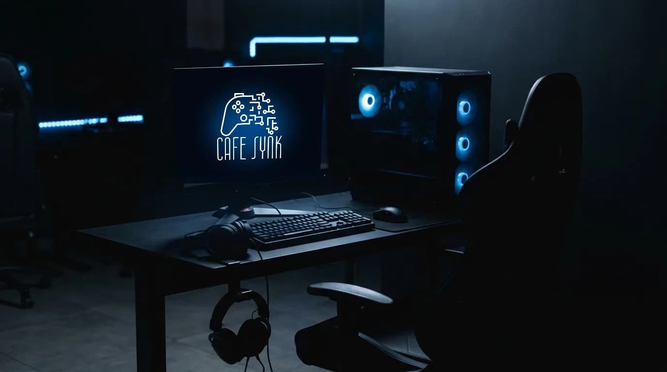 A gaming PC at an empty cafe station, its screen locked and showing the CafeSynk mark